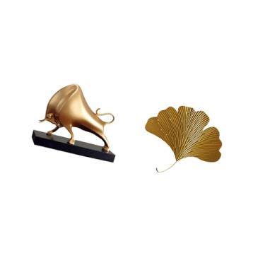 Imagem de Fenteer Escultura de Touro, Decoração para Casa, Decoração de Mesa, Artesanato, Estátua Abstrata de Boi, Estatueta de Gado, Ferro Forjado, Folhas de Ginkgo, D