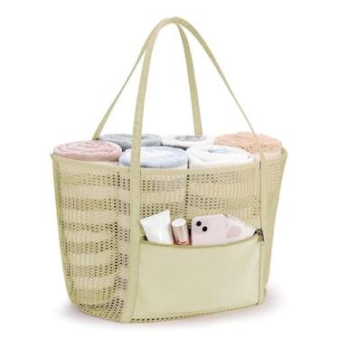 Imagem de 1 bolsa de malha, bolsa moderna e funcional com alças confortáveis, ideal para compras na praia ou supermercado, vários estilos, Bege, Large