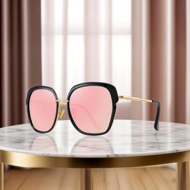 Imagem de Óculos de sol femininos vintage com armação de escudo grande para mulheres com caixa de presente, Armação preta/lente espelhada rosa/hastes douradas, Lens Width: 55 Millimeters