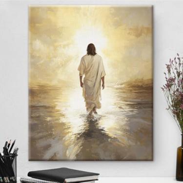 Imagem de Verso bíblico tela arte de parede cristão Jesus Cristo andando na água pôster impressão imagem Jesus arte emoldurada para decoração de casa 20 x 25 centímetros