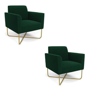 Imagem de Poltrona Sala Base X Industrial Dourado Kit 2 Marisa Bouclê Verde D03 - D'rossi