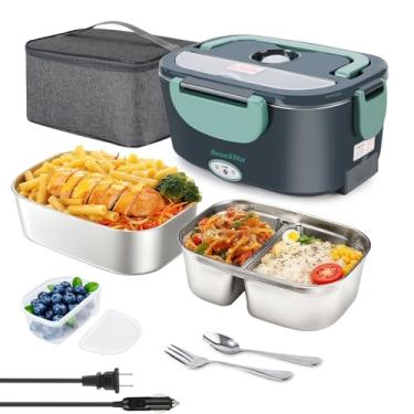 Imagem de Dosevita Lancheira elétrica para adultos, lancheira aquecida de 80 W, recipiente de aço inoxidável 1,5 L | 12 V/24 V (carro/caminhão) e 110 V (escritório/casa) | com garfo e colher e bolsa de