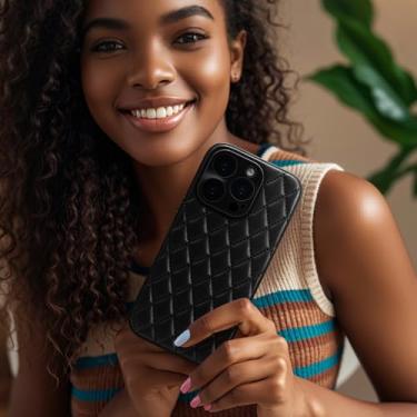 Imagem de Capa de telefone para iPhone Pro 16, traseira semelhante a couro e moldura de silicone - design de couro vegano, capa protetora feminina antiderrapante preta