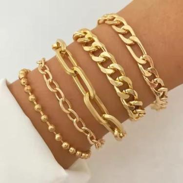 Imagem de Conjunto 5 Pulseiras Femininas Dourada Prata Bracelete Joias Corrente 