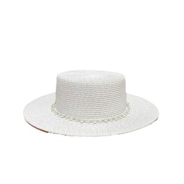 Imagem de Chapéus de sol femininos de palha de verão panamá elegantes Fedoras de palha para férias ao ar livre chapéu de praia branco M56 cm-58 cm