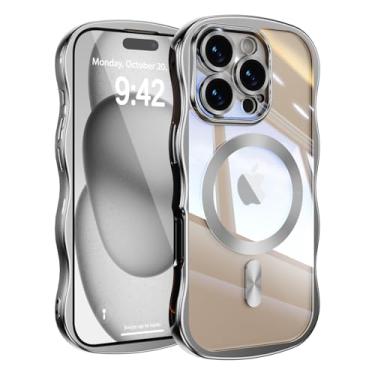 Imagem de UEEBAI Capa para iPhone 16 Pro, linda capa magnética para celular com moldura ondulada compatível com Magsafe, capa de telefone galvanizada macia para mulheres e meninas - prata