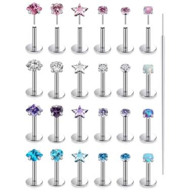 Imagem de Lcolyoli 24 peças de piercing de nariz sem rosca de aço cirúrgico piercing de nariz joias Tragus joias de hélice para frente piercing brincos de costas planas para mulheres brinco de cartilagem 18 g