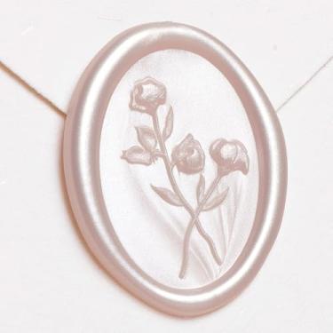 Imagem de UNIQOOO Adesivos de lacre de cera - Adesivos de selo de envelope de convite de casamento em formato oval de flor 3D, 50 adesivos autoadesivos de champanhe, perfeitos para convite, Natal, embrulho de