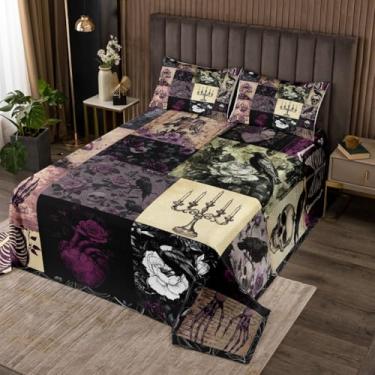 Imagem de Colcha de corvo gótico, tamanho king, crânio de açúcar, para decoração de quarto de crianças, meninas, meninos, adolescentes, conjunto de edredom vintage com flor de rosa e cogumelo, 3 peças