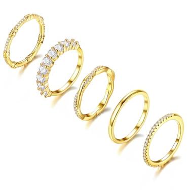 Imagem de Anéis de ouro para mulheres, 5 peças, empilháveis, banhados a ouro 14K, anéis empilháveis para mulheres, não mancham na moda, delicados, anéis de ouro de zircônia cúbica, conjunto de alianças de