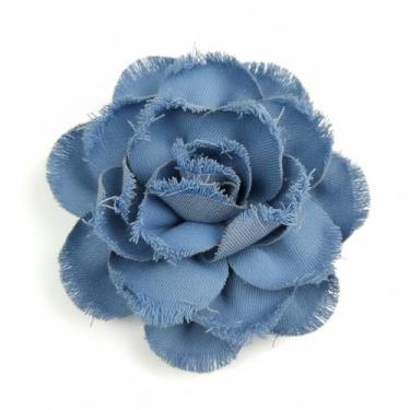 Imagem de Broche grande de lapela boêmio denim rosa flor grande para mulheres meninas - tecido caubói caubói floral camélia cabelo alfinetes vestido terno broches elegante casamento banquete joias pano