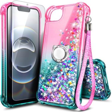 Imagem de Capa NGB projetada para iPhone 16e, rosa/aqua | Capa fofa com glitter líquido brilhante para mulheres, meninas e crianças | com protetor de tela de vidro temperado, suporte de anel e alça de pulso