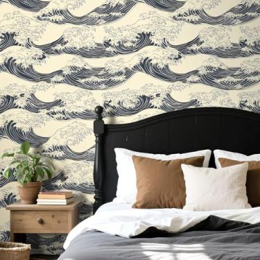 Imagem de Stickyart Papel de parede japonês Ukiyo-e Wave para parede elegante creme preto Hokusai papel de parede autoadesivo zen minimalista oceano contato papel removível para decoração de quarto 44,5 x 701