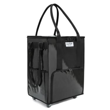 Imagem de Bolsa de compras grande reutilizável sobre rodas, carrinho de compras dobrável com até 30 kg, sacola de compras com zíper superior, leve (preto)