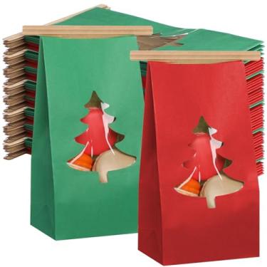Imagem de SilTriangle 48 sacos de padaria de Natal com janela 9 x 6 x 17 cm pequenos sacos de pão de Natal saco de papel kraft de Natal saco de arame de ferro trava com aba de laço vermelho verde para biscoito