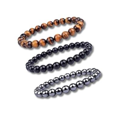 Imagem de 3 Pulseiras Hematita Olho De Tigre Onix Proteção Kit Pedras