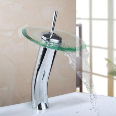 Imagem de Torneira Alta Banheiro Cascata Vidro Redondo Monocomando Pia Bancada L