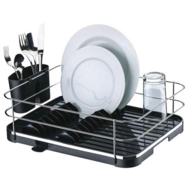 Imagem de Escorredor De Louças 12 Pratos Preto Aço Cromado Bandeja de Escoamento