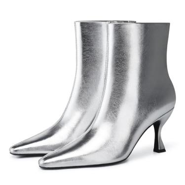 Imagem de CELLENZ Botas femininas de salto gatinho: salto alto de 9 cm, botas de cano curto sexy de bico fino, botas curtas com zíper lateral na moda para uso formal, noite, festa, dia a dia, Prata., 39