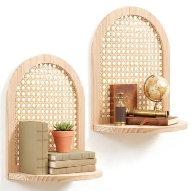 Imagem de WLLHYF Conjunto de 2 prateleiras flutuantes pequenas de vime, estante pendurada, natural, para armazenamento, bugiganga, decoração de parede, para sala de estar, quarto, escritório, plantas, exibição