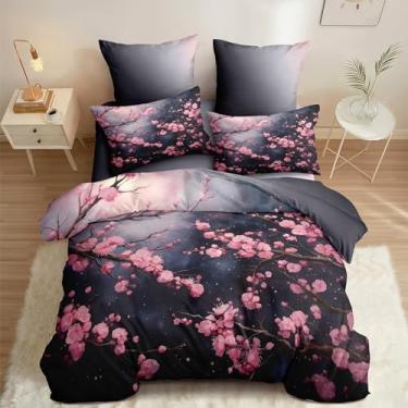 Imagem de CCoutueChen Capa de edredom floral preta, tamanho Queen, conjunto de cama de flor de cerejeira japonesa para mulheres e meninas, capa de edredom com flores rosa - 3 peças de microfibra macia e