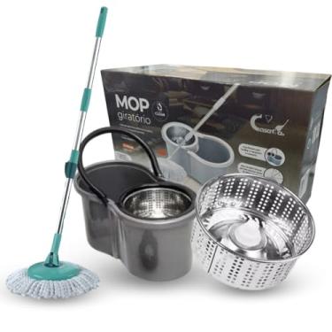 Imagem de Mop Giratório Inox com Balde 9L, Refil em Microfibra Lavável, Sistema Rotativo para Limpeza de Piso Frio, Madeira e Sintético