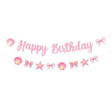 Imagem de kreat4joy Decoração de festa de aniversário de concha para menina, laço rosa concha feliz aniversário faixa arco tema mar guirlanda DIY artesanato necessário para oceano praia sereia marinha sob o mar