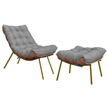 Imagem de Poltrona e Puff Abel Base de Madeira Dourada Linho Cinza