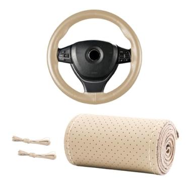 Imagem de MUQIDA Capa de volante de couro genuíno, capa de volante com costura respirável de 38 cm antiderrapante, protetor de costura faça você mesmo com linha de agulha (bege, orifício completo)