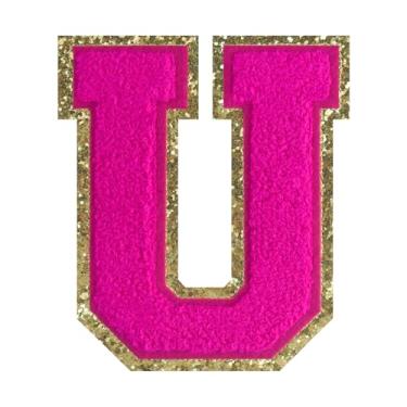 Imagem de 1 PÇ Patch de letra de chenille rosa de 11,4 cm com borda dourada – Remendos do alfabeto para roupas, jaquetas, mochilas, chapéus para decoração personalizada, nome personalizado e artesanato. (U)