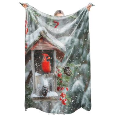Imagem de zbezbe Cobertor de flanela cardeal vermelho festivo inverno pássaro nevado manta cobertor leve fofo para festa, cadeira, cama, sofá, acampamento, viagem, decoração de Natal para casa, presentes para