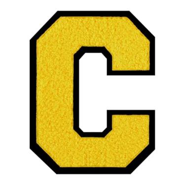 Imagem de 1 PÇ Patch de letra de chenille amarelo de 15 cm com borda preta – Remendos do alfabeto para roupas, jaquetas, mochilas, chapéus para decoração personalizada, nome personalizado e artesanato. (C)