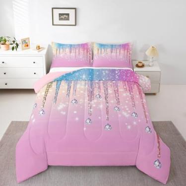 Imagem de Feelyou Conjunto de edredom infantil com glitter rosa, estampa de diamante, arco-íris, para decoração de quarto de crianças, meninos, meninas, microfibra, ultramacia, respirável