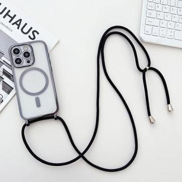 Imagem de Capa magnética para iPhone 15 Pro Max com alça de pescoço ajustável, capa à prova de choque compatível com carregamento sem fio para viagens e uso diário, preta