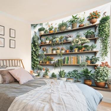 Imagem de EOBTAIN Tapeçaria de parede de planta verde cacto e vaso floral em estante tapeçarias para pendurar na parede botânica e leitura decoração de parede para casa para quarto, sala de estar, dormitório