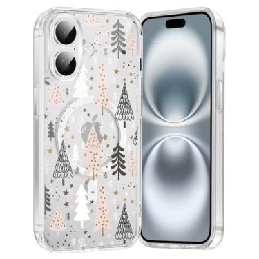 Imagem de RUMDEY Capa de celular Merry Christmas Tree para iPhone 16 Xmas capa magnética transparente de 6,1 polegadas, compatível com Magsafe, capa com design de padrão de inverno fofo à prova de choque macio