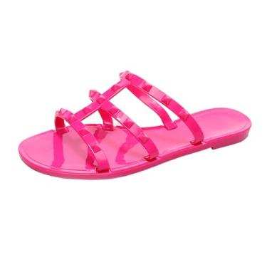 Imagem de OMGard Sandálias rasteiras femininas, sapatos cravejados de gelatina tamanho 9 vermelho elegante verão praia rebites tiras geleias deslizantes nos dedos abertos, Plástico rosa cravejado, 39