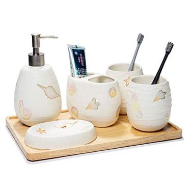 Imagem de KUYBTU Dispensadores de sabão de bancada, conjunto de lavagem de banheiro de cerâmica de 5 peças, estilo europeu, copo, saboneteira, dispensador de saboneteira, suporte de escova de dentes, kit de