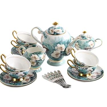 Imagem de Conjunto de chá de porcelana fina floral peônia para adultos, 6 xícaras e 6 pires, 1 tigela, 1 jarra de creme