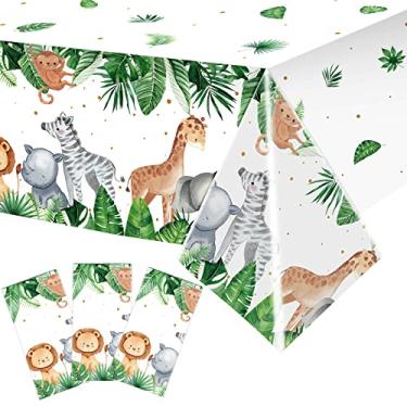 Imagem de 3 peças de toalhas de mesa temáticas de safári na selva, capa de mesa com estampa animal, decoração verde para chá de bebê, zoológico, aniversário, capas de mesa de plástico para meninos e crianças