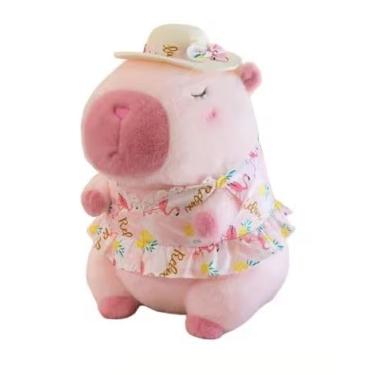Imagem de Capivara de Pelúcia, bichinho de pelúcia com Chapéu, Vestido Rosa e Camisa Azul – Fofo, Criativo, Macio, Decorativo, Colecionável - 22 cm (VESTIDO ROSA)