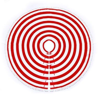 Imagem de Saia para árvore de Natal de 152 cm, anéis anuais vermelhos e brancos, saia para árvore de Natal com acabamento em pompom, decoração de árvore de Natal macia e rústica natural para decoração de casa