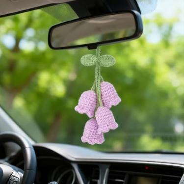 Imagem de JOERSH Acessórios para pendurar espelho de carro flor lírio, decorações de flores de crochê feitas à mão para espelho, espelhos retrovisores, chaveiros (roxo)