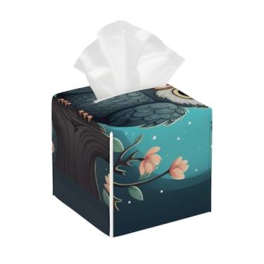 Imagem de Porta-lenços de couro quadrado à prova d'água coruja animal flor bonito organizador de papel facial com cinto inferior cubo estojo de lenços para mesa, banheiro, escritório, mesa, carro, decorativo