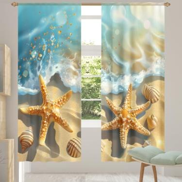 Imagem de 2 conjuntos de painéis, cortinas transparentes de estrela-do-mar, praia, mar, cortinas transparentes arejadas com filtro leve, painéis de cortina de porta e janela para sala de estar, quarto, jantar