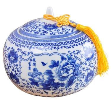 Imagem de YXCQHZM Urna grande adulta para cinzas humanas - Urna grande de cerâmica para animais de estimação - Frasco selado de cerâmica de 3650 ml com padrão azul e branco pintado à mão (amarelo, 22 cm)