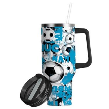 Imagem de ATTX Copo de futebol azul de 850 g com alça, copo de aço inoxidável a vácuo de parede dupla com palha, caneca de café de viagem isolada #39
