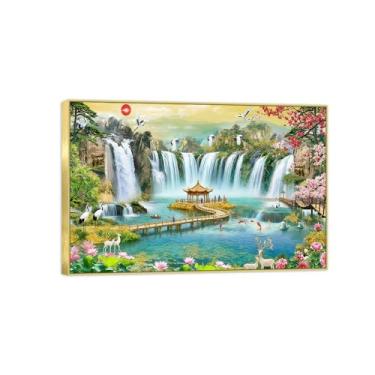 Imagem de Chinoiserie Arte de parede paisagem imagem em tela - cascata flores ponte animais - pintura chinesa - impressões de moldura dourada para decoração de casa 40 x 60 cm 16 x 24 pol