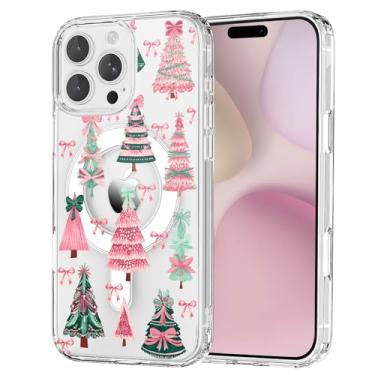 Imagem de OFQKOAKS Capa para iPhone 15 Pro, compatível com MagSafe, linda capa de telefone magnética festiva de Natal com arco de árvore colorida, capa protetora fina e transparente para mulheres e meninas