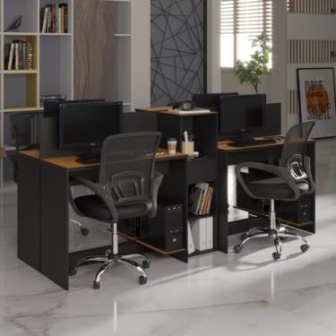 Imagem de Estação De Trabalho 4 Lugares Office Tech 4 Mesas 2 Armários - Preto E Cedro Preto E Cedro